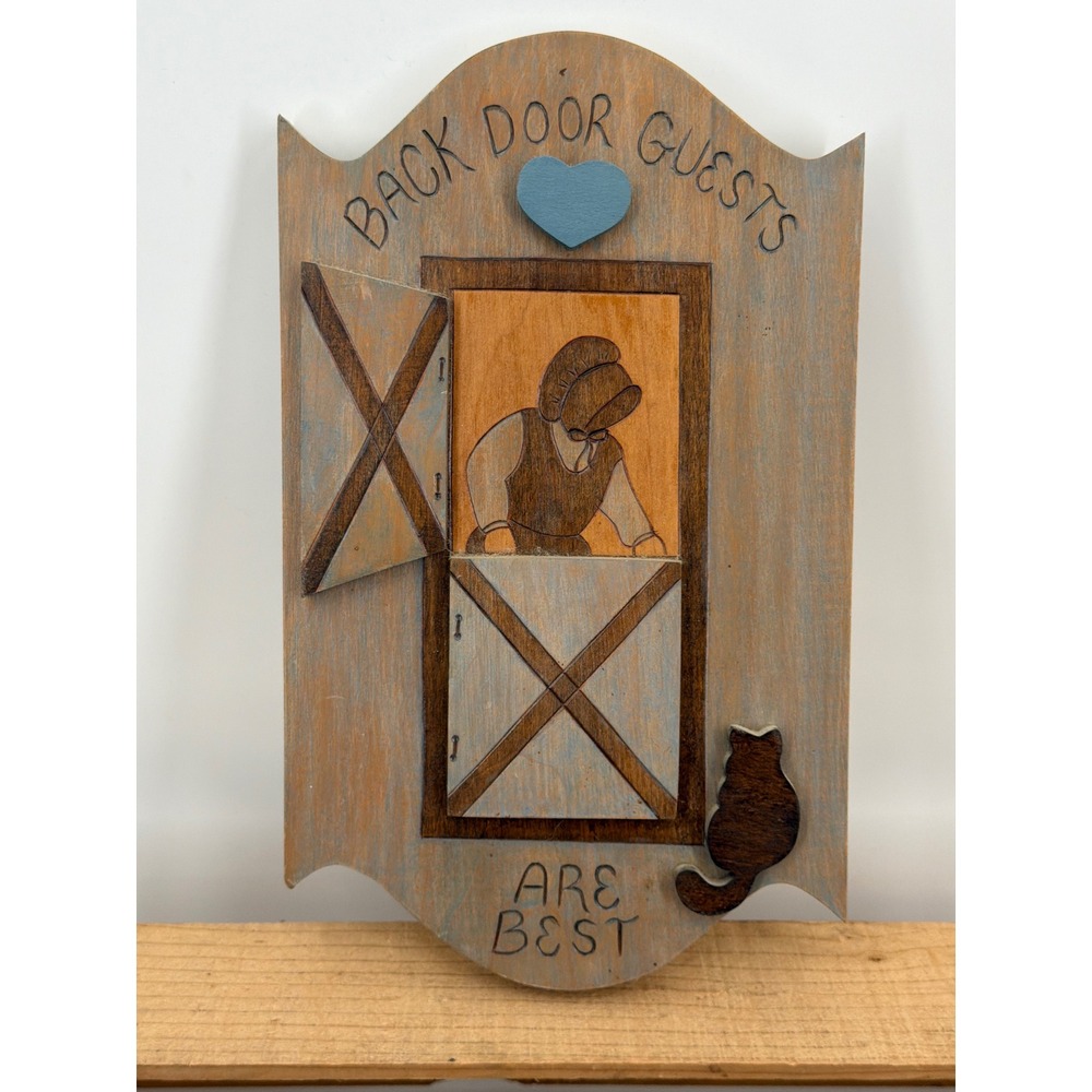 Vtg Amish Cat Folk Art Wood Plaque Back Door Wall Decor Sign Signed PA Dutch